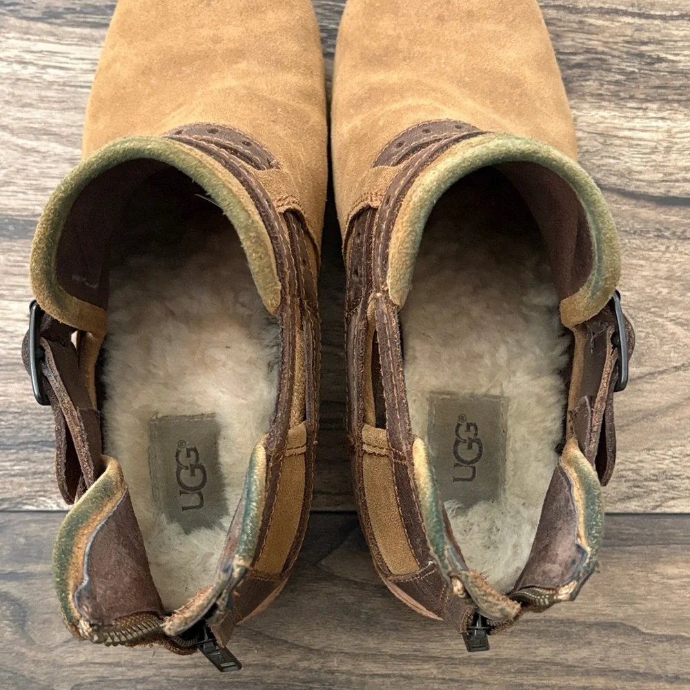 UGG Tan Suede Ankle Booties with Brown Strap Accents - Picture 3 of 4
